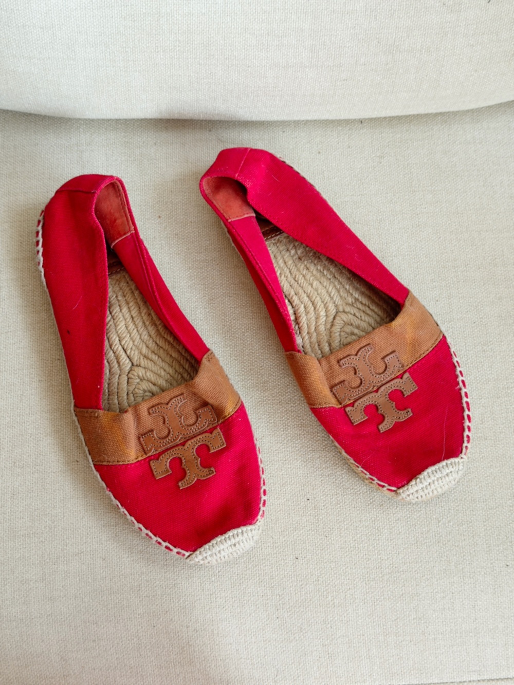 Tory Burch Two-tone  Red Canvas Espadrille Flats with Brown Leather Logo Trim